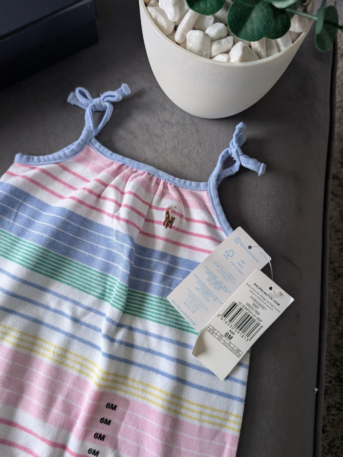 New Ralph Lauren Bubble Shortall Pink Stripe Summer Multi Romper One-Piece 3-6m