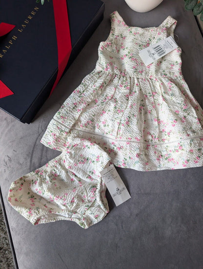 New Ralph Lauren Baby Girls Seersucker Floral Dress Occasion Pretty 6m pretty Gift