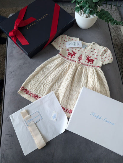 New stunning girls Ralph Lauren Christmas cable knit dress + gift box 9-12m Gift