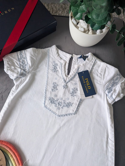 New Ralph Lauren Baby Girls Denim Kaftan Dress White Embroidery Occasion 3-4y