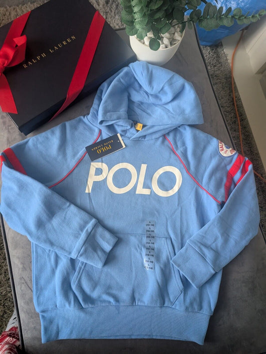 New Ralph Lauren Blue White Ski Club Jumper Unisex Hoodie Size 12-14Y Gift Kids