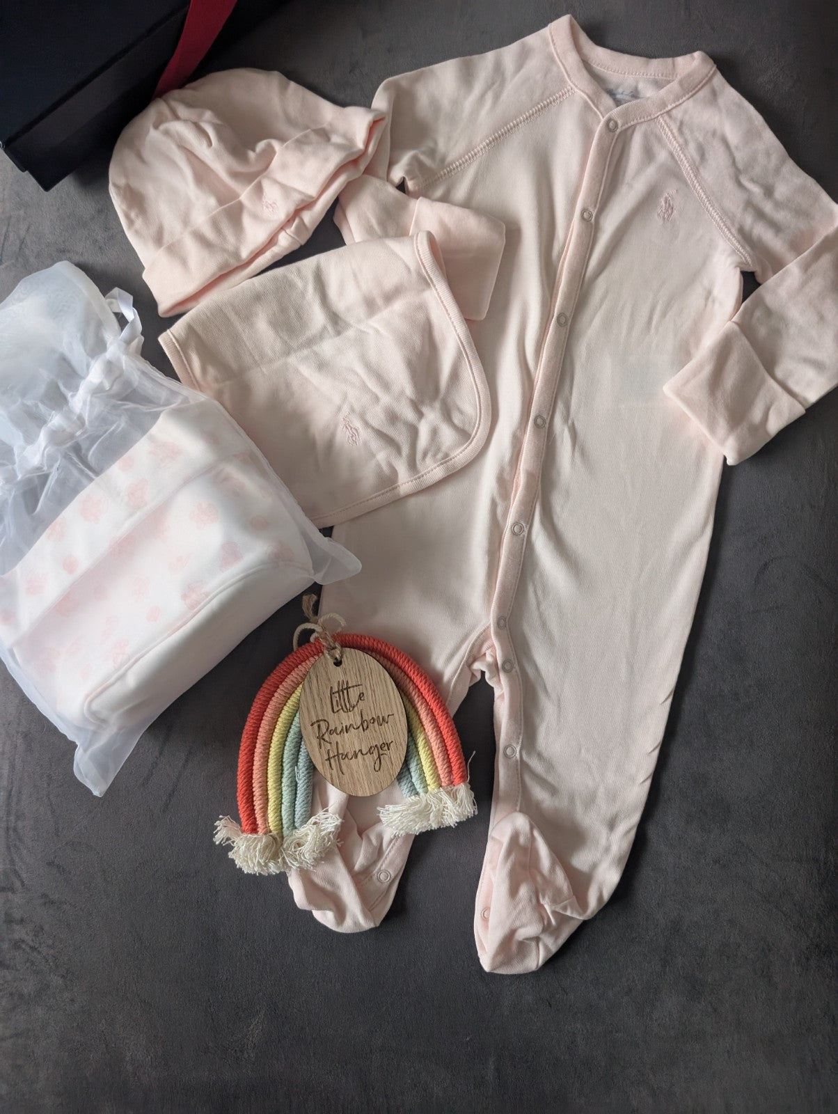 New Ralph Lauren Baby Pink Gift Set Basket Bear Romper Hat + Bib 3-6m Girls 3pc