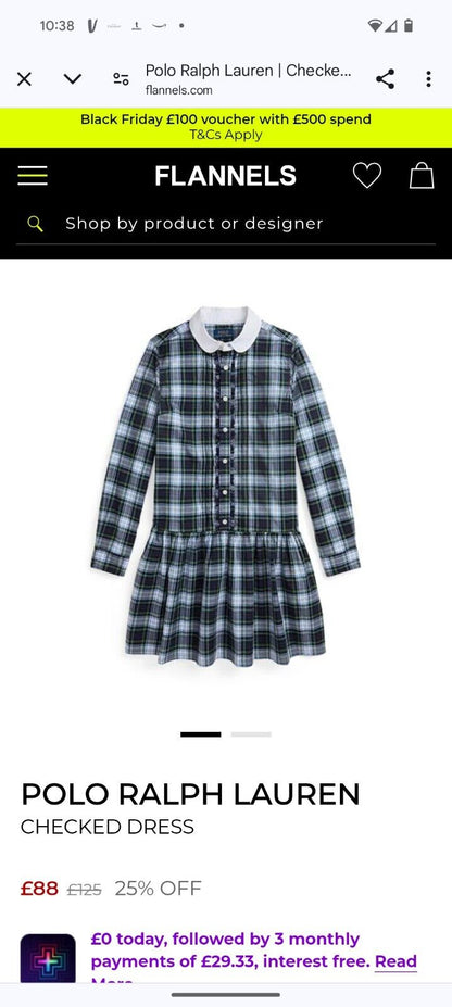 New Girls Polo Ralph Lauren Checked Plaid Dress Poplin Shirt Dress Cotton 6y New