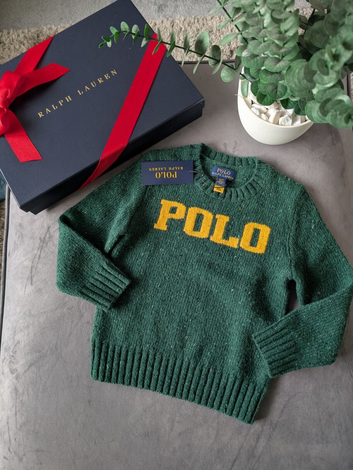 New boys polo Ralph Lauren Green Yellow Wool knit jumper logo polo Gift smart 4y