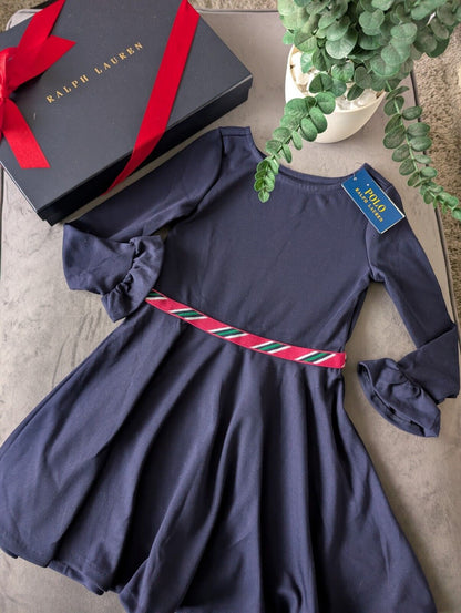 New Stunning Ralph Lauren Girls Ponte Frill Sleeve Navy Dress Belted Gift 6y