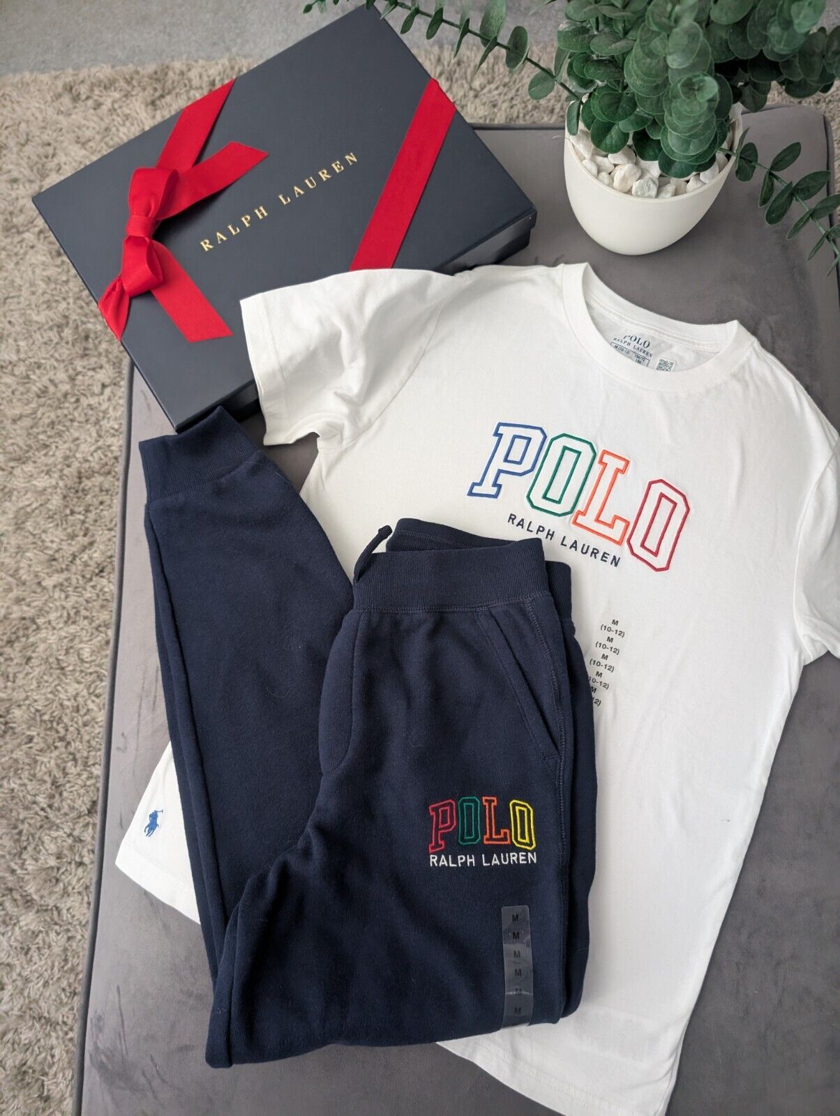 New Ralph Lauren Boys Kids Top + Jogger White Navy Embroided Logo Pony 10yr Gift