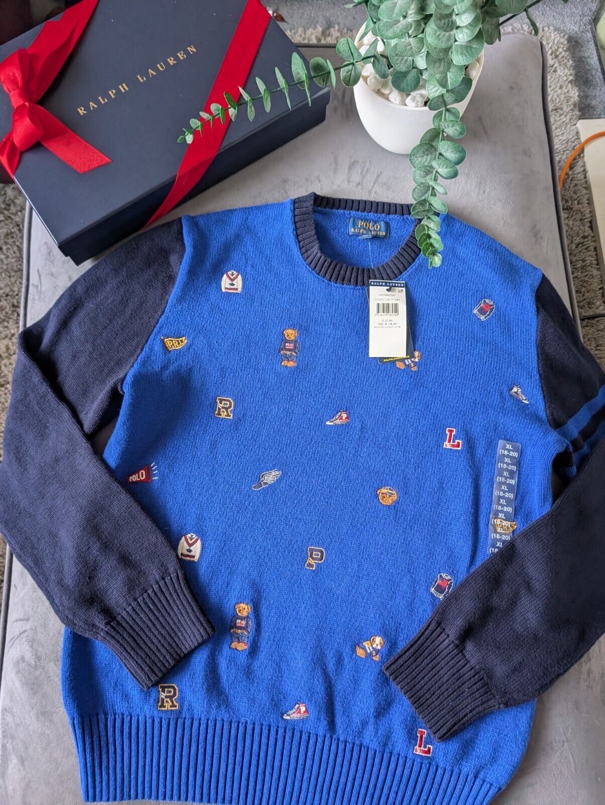 New Polo Ralph Lauren Jumper Boys 16y Blue Bear  Dog Cricket Embroidered Gift