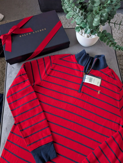 New Ralph Lauren Boys Navy  3/4 Zip Knit Red Stripe Top Top Jumper Age 14y