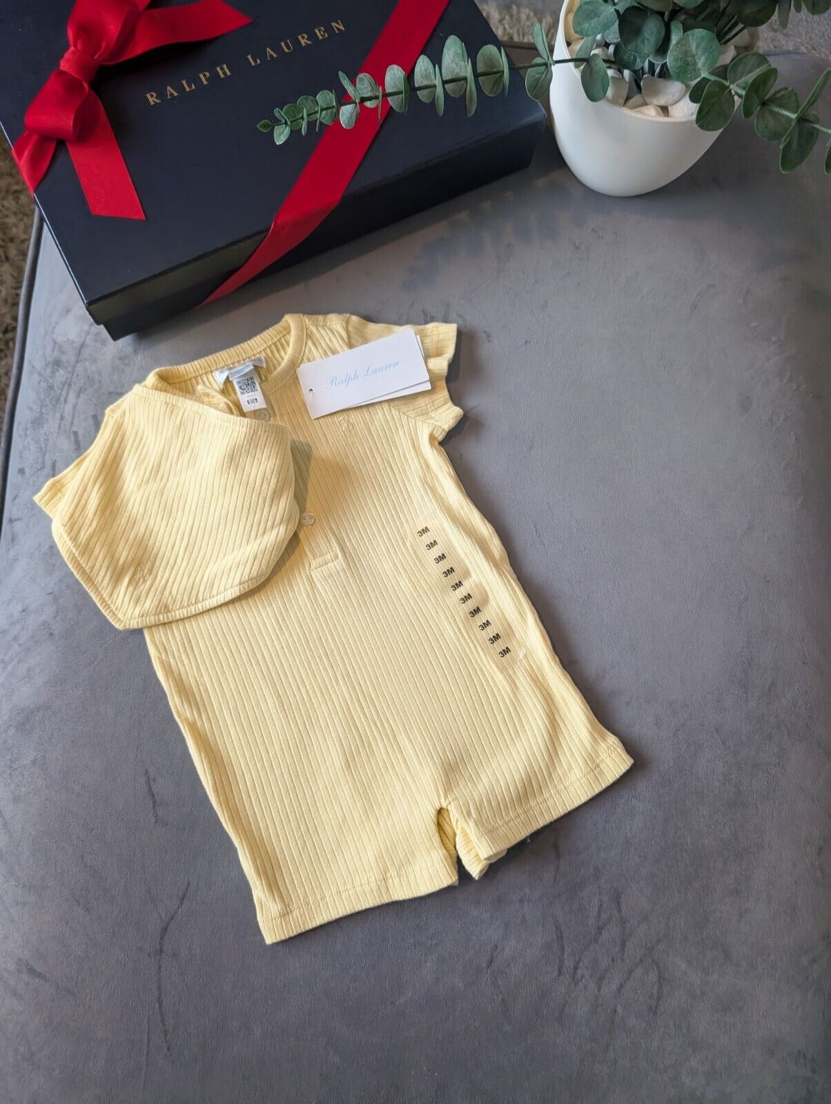 New Ralph Lauren Baby Boy Romper Yellow + Bib Pony Logo Gift New 0-3m  £70