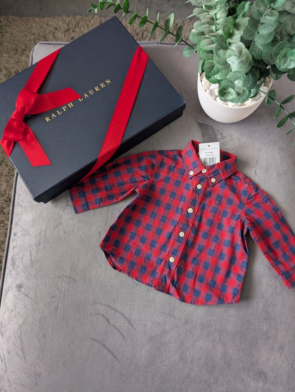 New Ralph Lauren Baby Boy Checked Shirt Smart Occasion Gift Age 3m Red L Sleeve