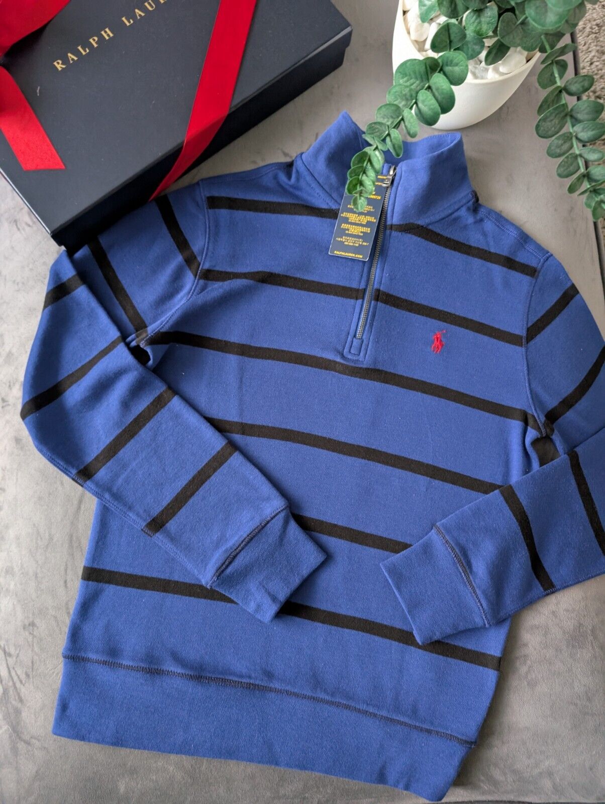 New Ralph Lauren Boys Navy  3/4 Zip Knit Blue Stripe Top Top Jumper 10-12y