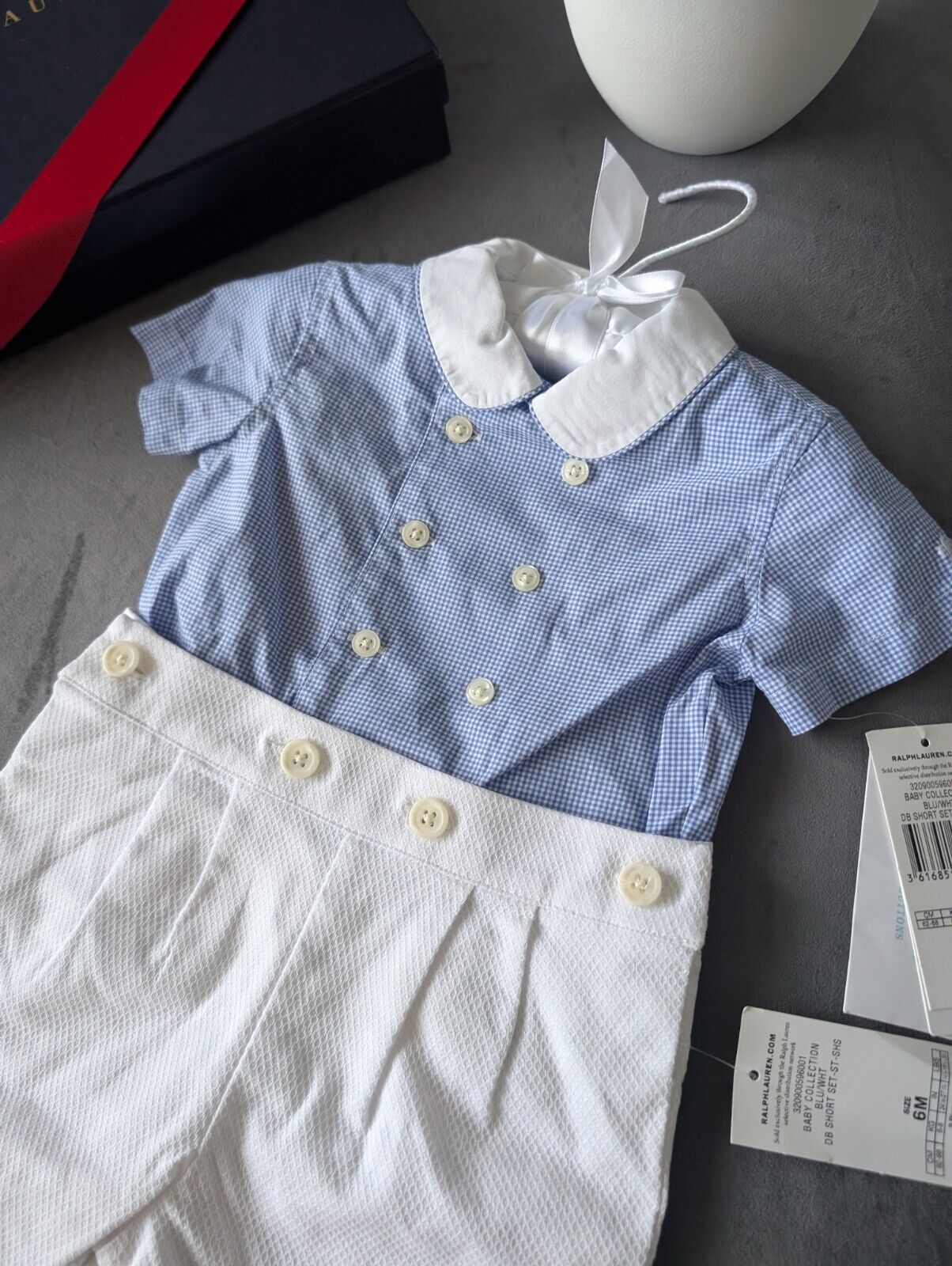 New Gorgeous Ralph Lauren Baby Boys Blue Gingham 2inOne Outfit Shirt Short 3-6m