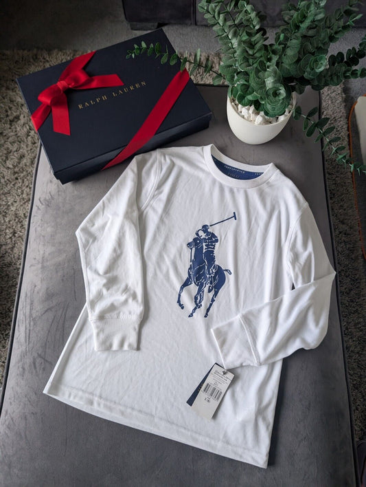 New Ralph Lauren Boys White Performance Sport Ralph TShirt Long Sleeve 8y Active