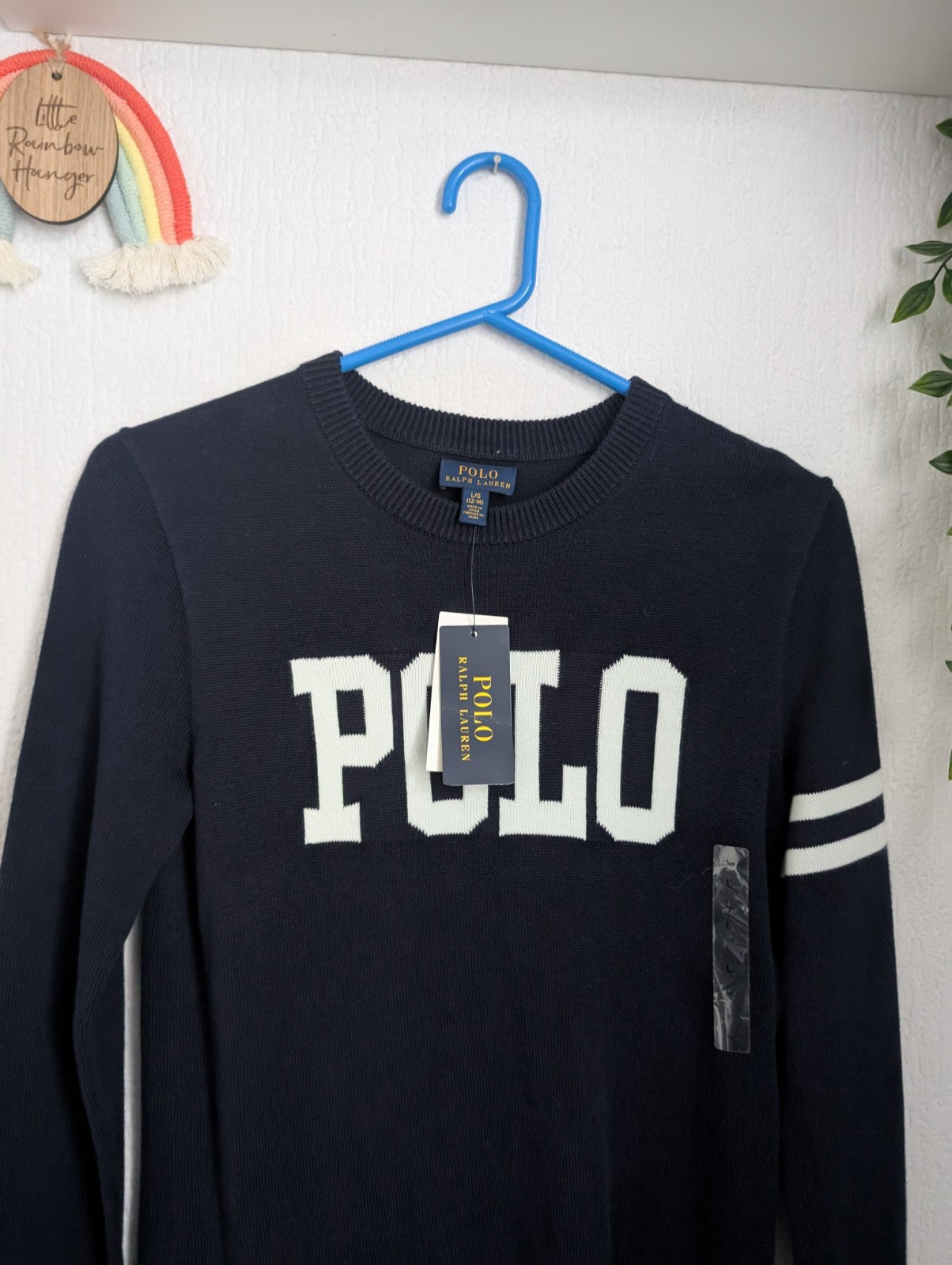 New Ralph Lauren Girls Polo Logo Knit Sweater Dress Dark Navy Size L 12-14Y