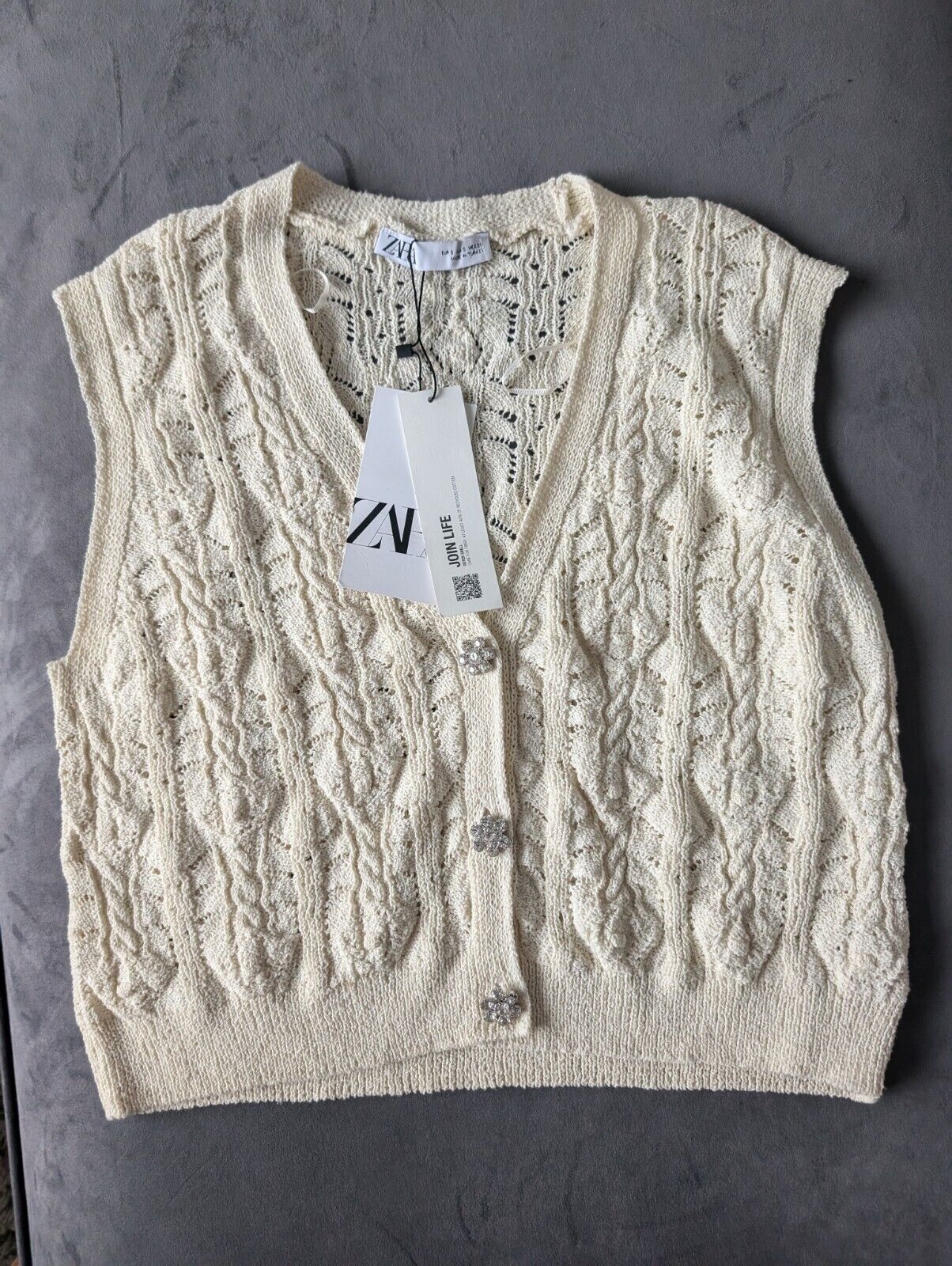 ZARA Knit Sweater Vest Top Crochet Gilet Cardigan Jewel Gem Buttons Size S BNWT