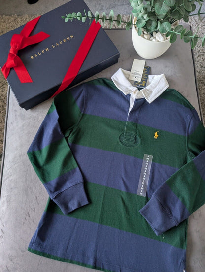 New Ralph Lauren Boys Rugby Style Stripe Long Sleeve Polo Green Navy 8 y Boys