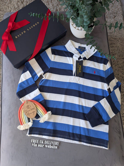 New Ralph Lauren Boys Rugby Style Stripe Long Sleeve Polo Blue White   7 y Boys