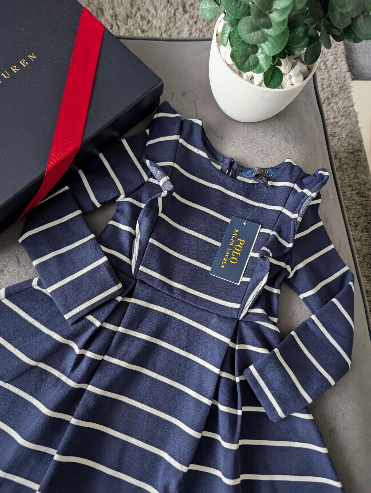 New Polo Ralph Lauren Girls Navy Striped Ruffled Ponte Dress Ruffle 4 Yrs