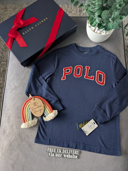 New Ralph Lauren Boys Navy Smart Pony Logo Ralph T Shirt Long Sleeve 5-6yrs