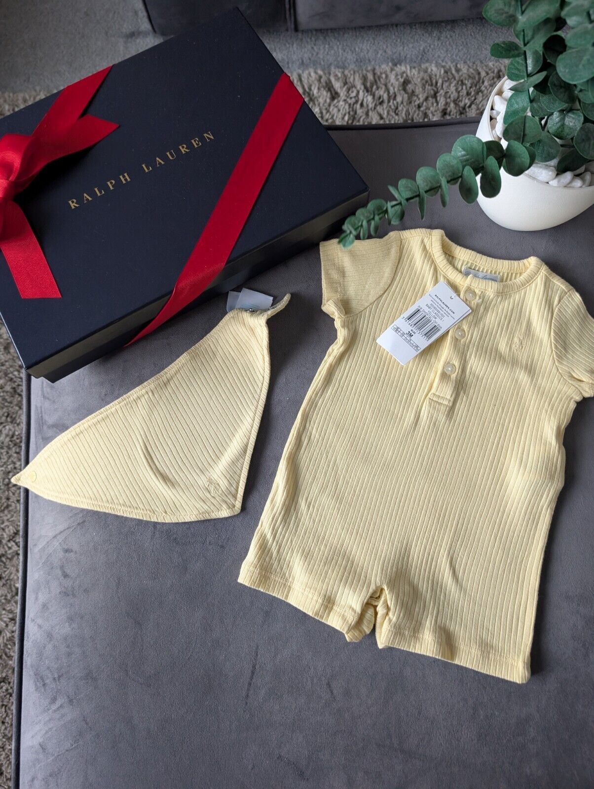 New Ralph Lauren Baby Boy Romper Yellow + Bib Pony Logo Gift New 0-3m  £70