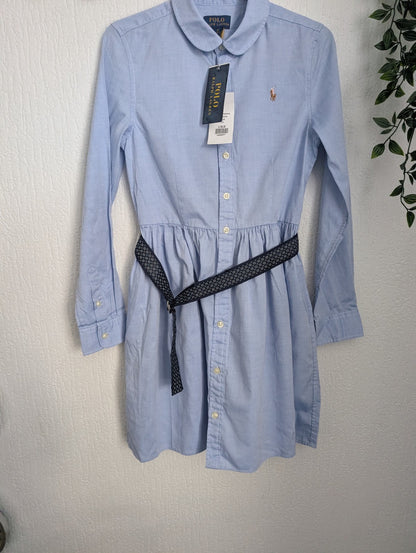 New Ralph Lauren Blue Embroided Logo Smart Formal Cotton Oxford Shirtdress 10y