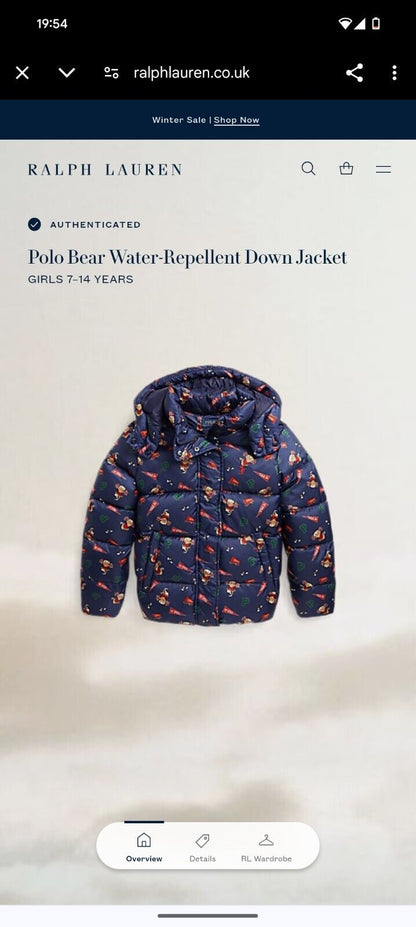 New Rare Ralph Lauren Girls Bear Water Repellent Down Hooded Jacket Cheer 16yrs