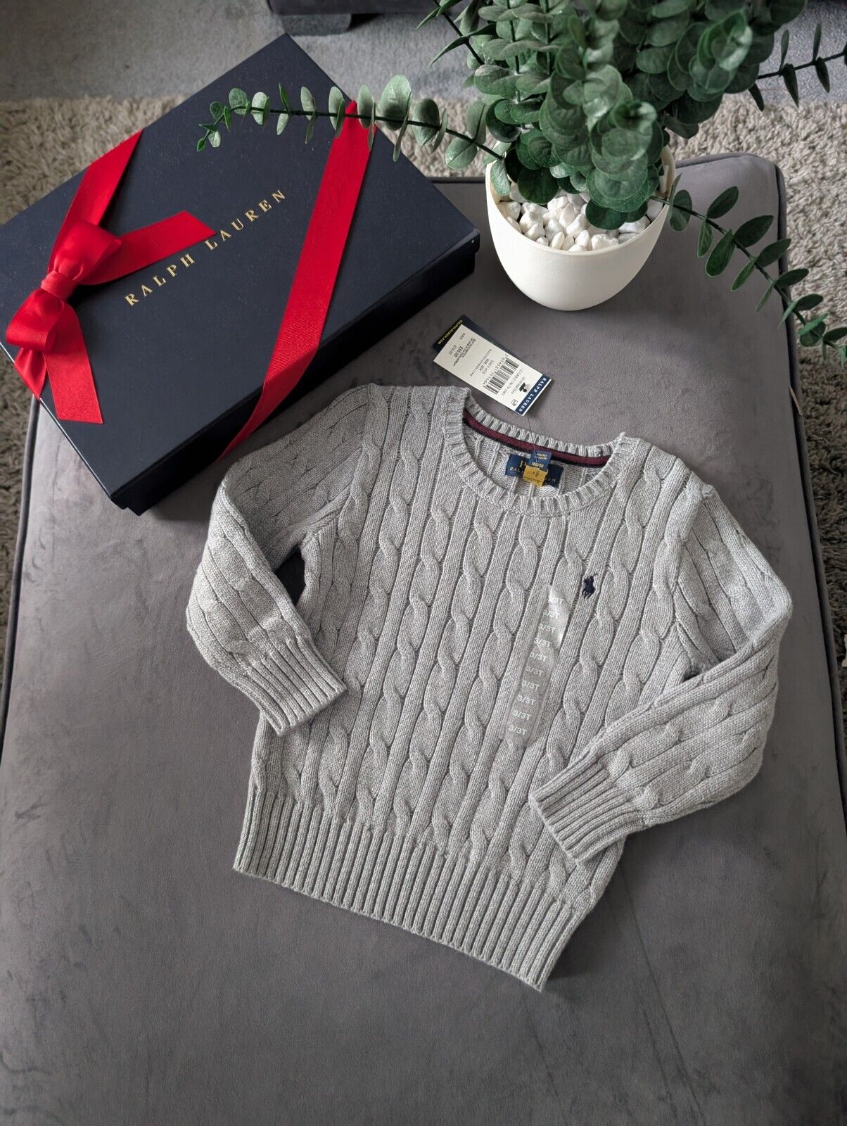 New Boys Ralph Lauren Grey Cable knit long sleeve jumper autumn winter 3 Stripe