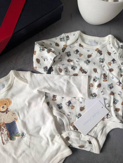 New Ralph Lauren Baby X 2 White Unisex Bear Floral Vest Logo Newborn Gift Cute