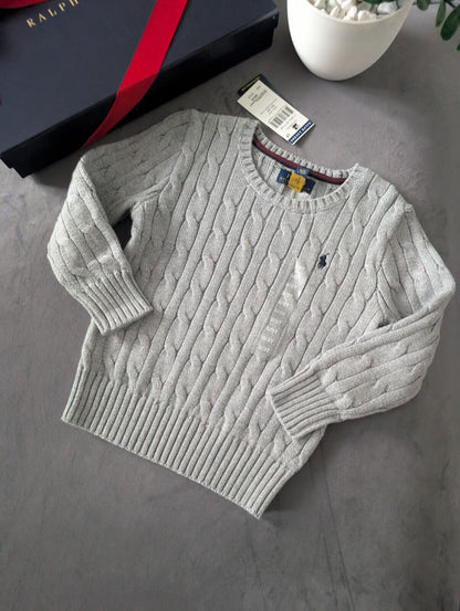 New Boys Ralph Lauren Grey Cable knit long sleeve jumper autumn winter 3 Stripe