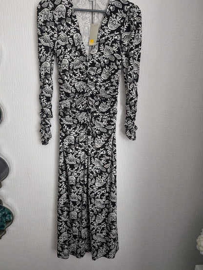 New Boden Ruched White & Black Print Jersey Midi Dress 6 R/Regular Autumn Winter