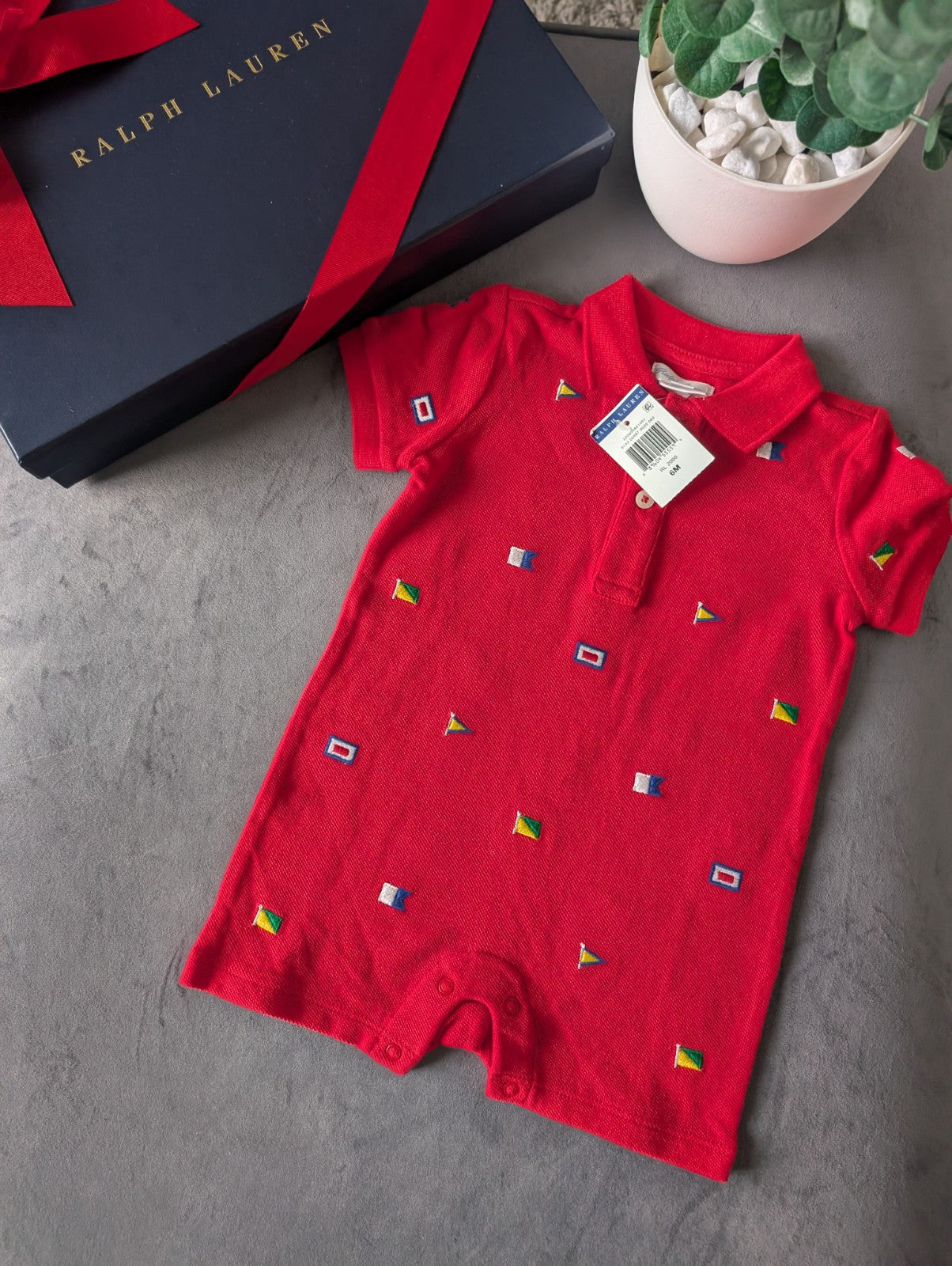 New Ralph Lauren Baby Boy Red Embroidery Flag Romper Gift 3-6m Summer Holidays