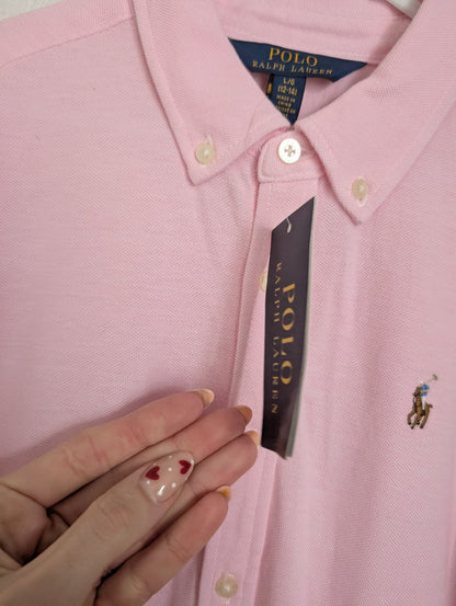 New Ralph Lauren Pink Embroided Logo Smart Formal Cotton Oxford Shirtdress 12yrs