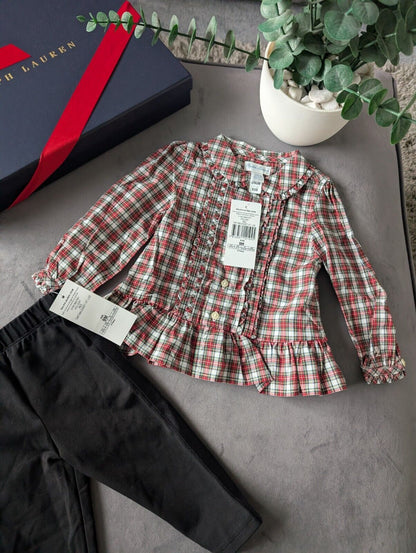 New Ralph Lauren Girls Poplin Plaid Check Shirt Frill + Leggings Set Gift 6-9m