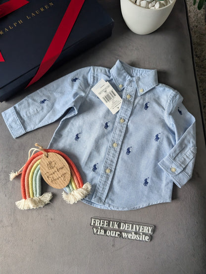 New Ralph Lauren Baby Boy Blue Embroidery Pony Shirt Smart Baby 6-9m Occasion