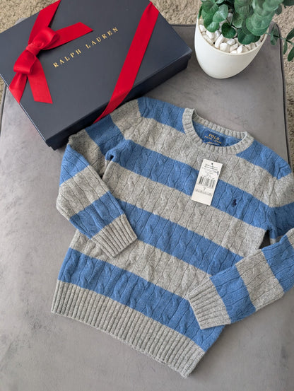 New Boys Ralph Lauren Blue Grey Stripe Cable knit jumper Cashmere Blend 6/7yr