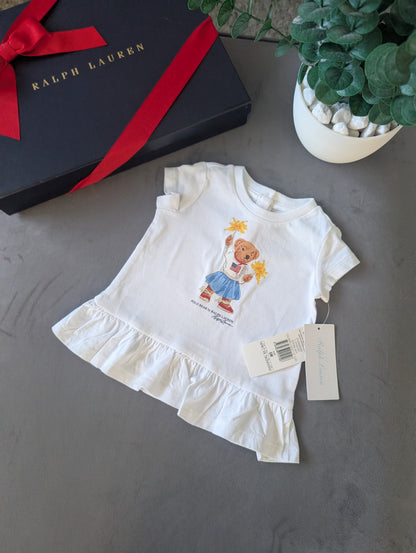 New Cute Gift Ralph Lauren girls White polo bear T-Shirt Bear Peplum Dress 3-6m