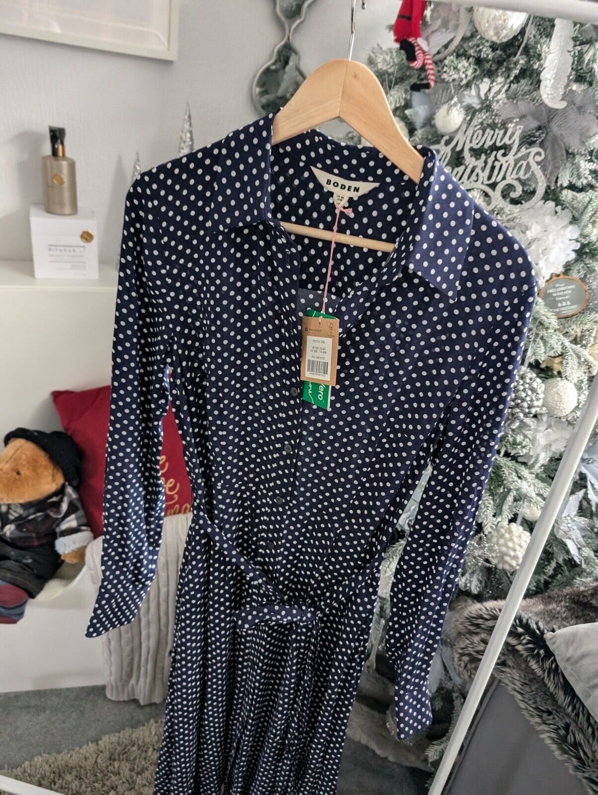 New Boden Katie Midi Shirt Dress Belted Navy Polka Dot Spotty UK 12R occasion £72