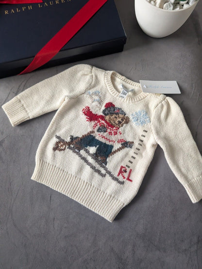 New Adorable Ralph Lauren Baby Girls Bear Ivory Jumper Gift Rrp £120 3-6m  Ski