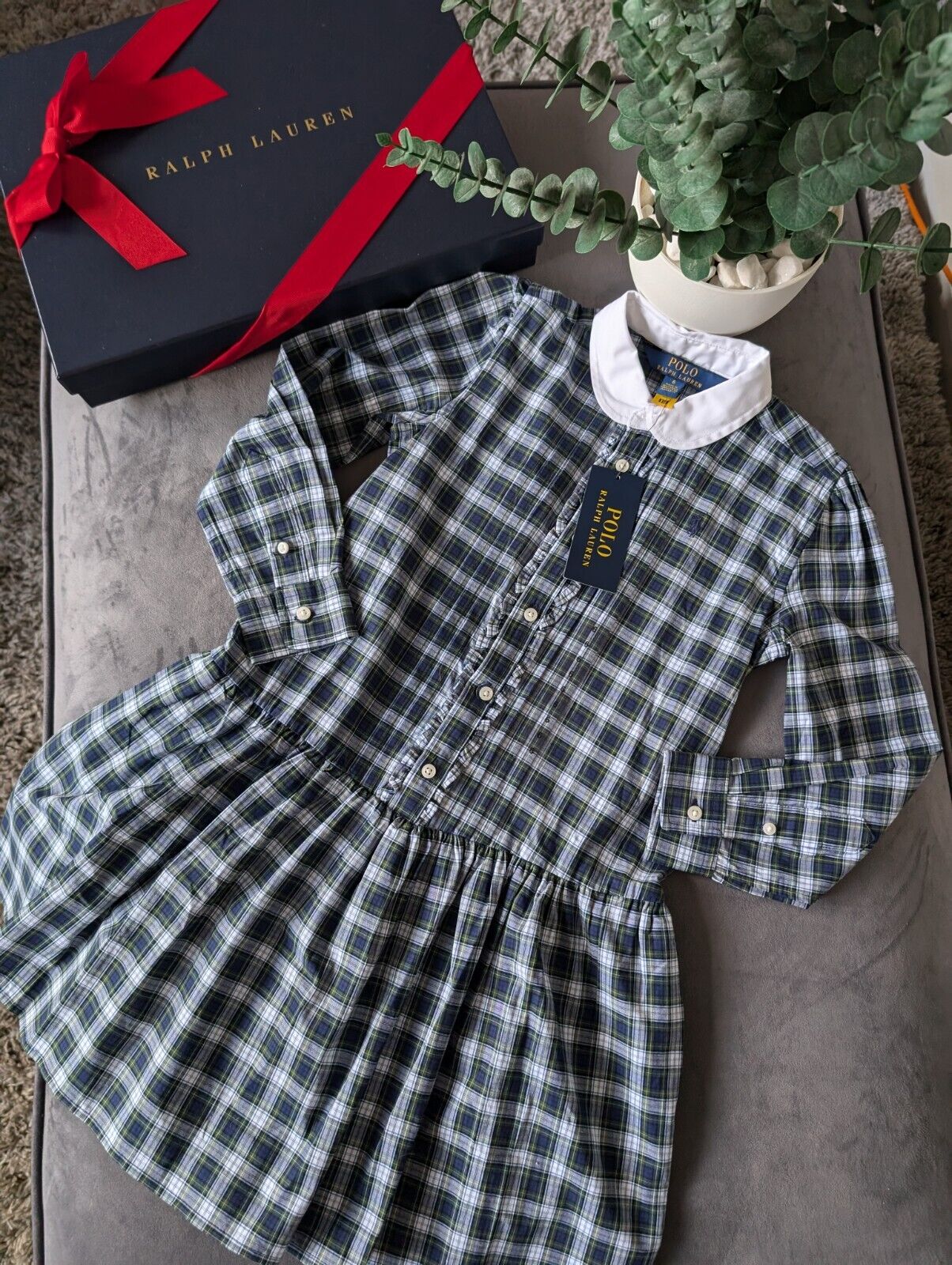 New Girls Polo Ralph Lauren Checked Plaid Dress Poplin Shirt Dress Cotton 6y New