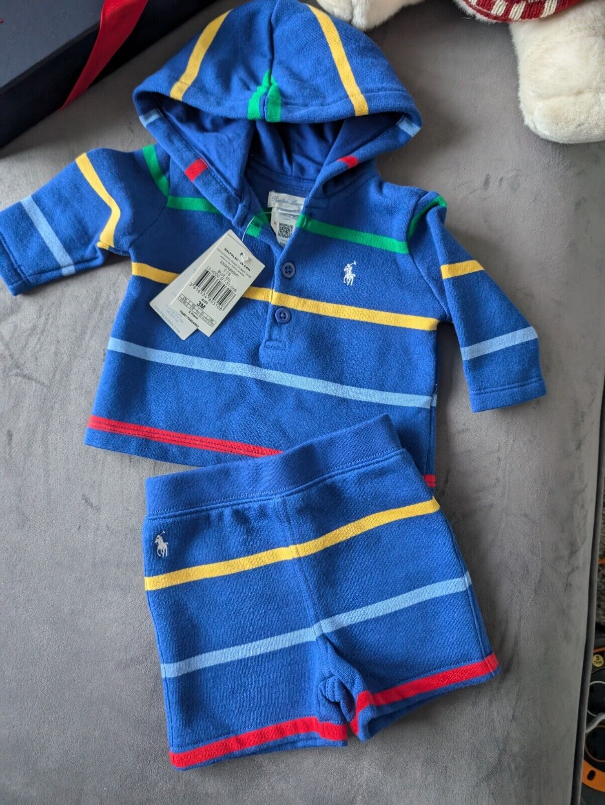 New Ralph Lauren Baby Boy Blue Short And Hoodie Set Gift Stripe Multi 0-3m Cute