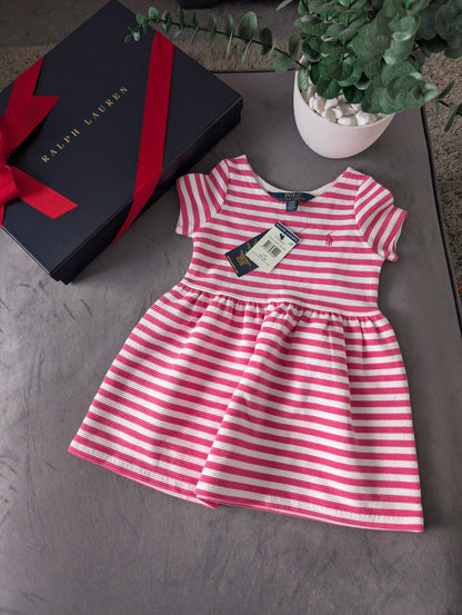 New Stunning Girls Ralph Lauren Pink Ribbed Stripe Dress Occasion Age 2 Gift