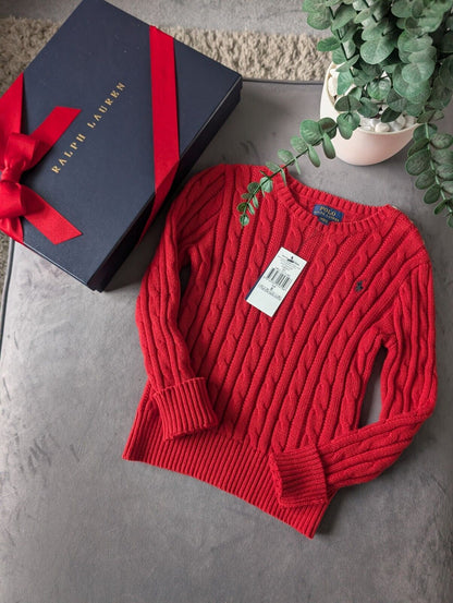 New Unisex Ralph Lauren Red cable knit long sleeve jumper autumn winter 6yr Gift