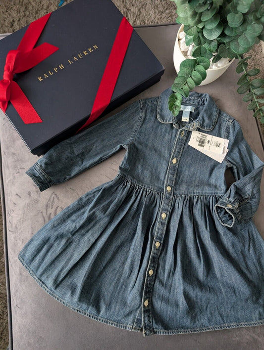 New Ralph Lauren girls denim style shirt dress occasion 18m Baby Winter  £90