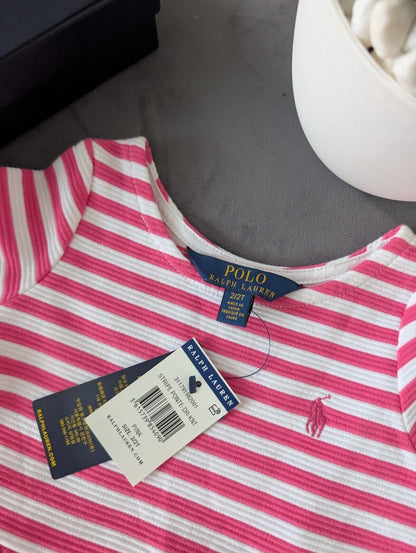 New Stunning Girls Ralph Lauren Pink Ribbed Stripe Dress Occasion Age 2 Gift