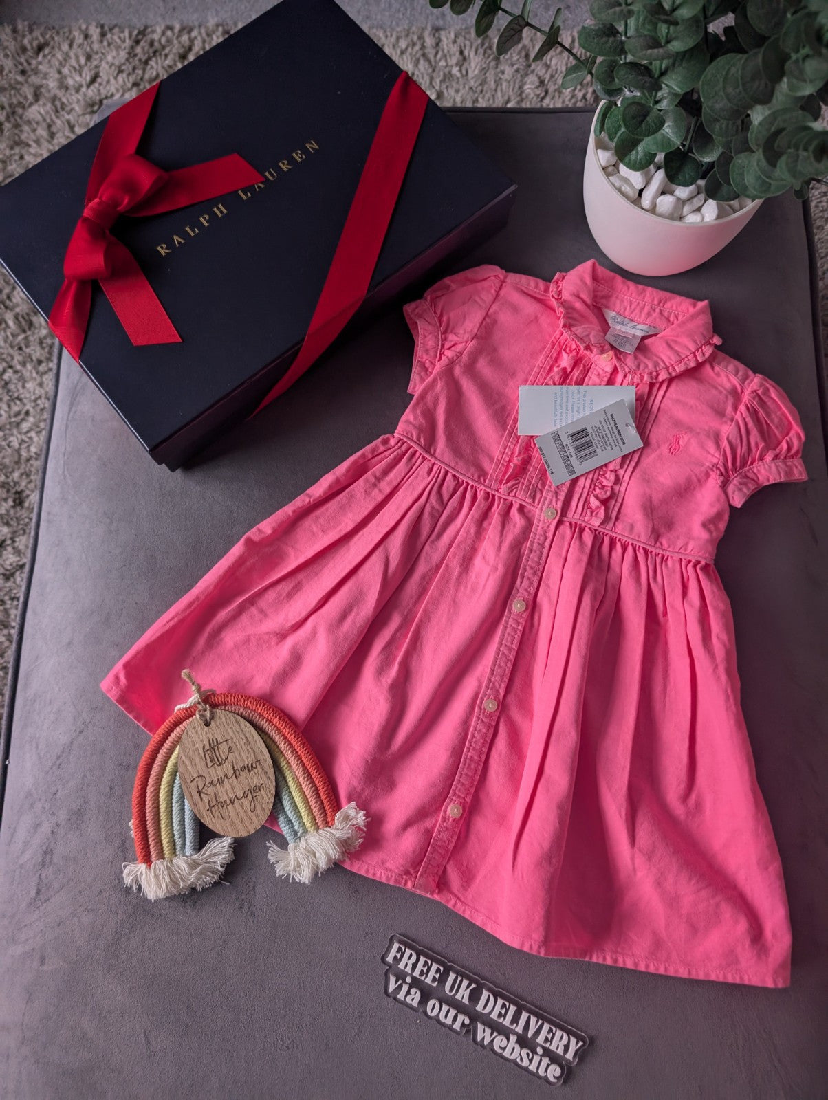 New Girls Polo Ralph Lauren Gorgeous Plain  Dress Oxford Neon Pink 12-18m Smart