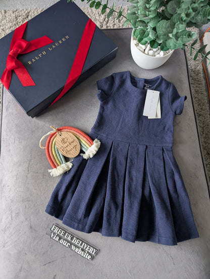 new polo Ralph Lauren French Navy Pleated  dress Girls Age 18m ribbed smart Cute