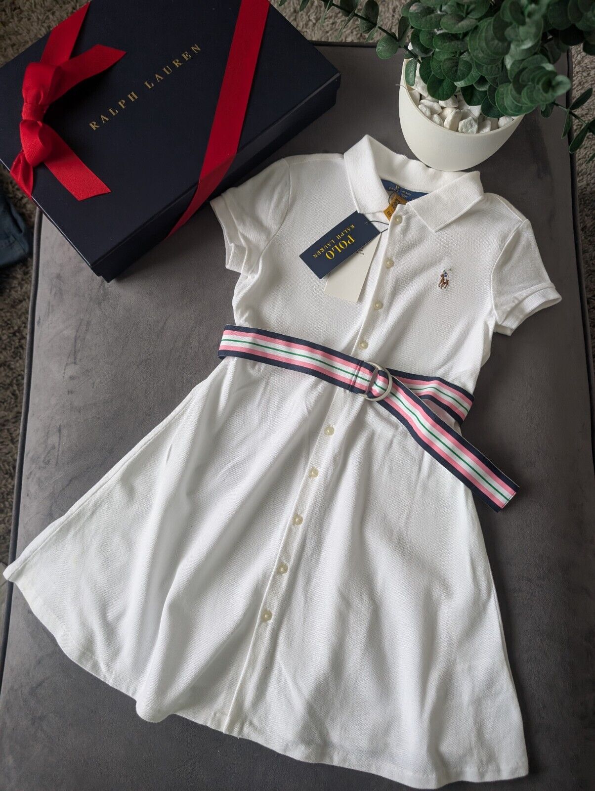 New Girls Polo Ralph Lauren White Polo Dress White Tennis Belted age 6-7yrs Gift