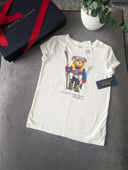 New Ralph Lauren Girls Bear Ski Short Seeve T Shirt 6-7yr Smart White Cute Gift