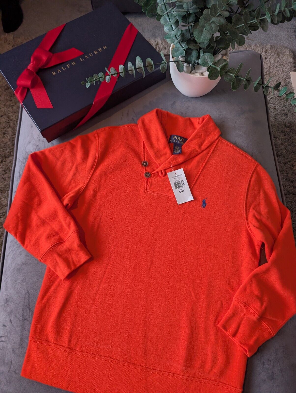 New Vintage Ralph Lauren Boys Shawl Neck Jumper Smart 8 Years Gift Orange Casual