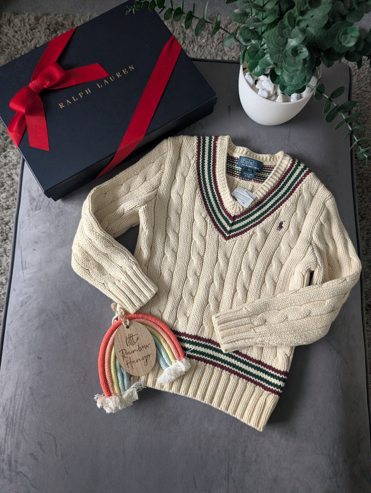 New Boys Ralph Lauren Vintage Ivory Chunky Knit Cricket Jumper Cream Gift 4-5y